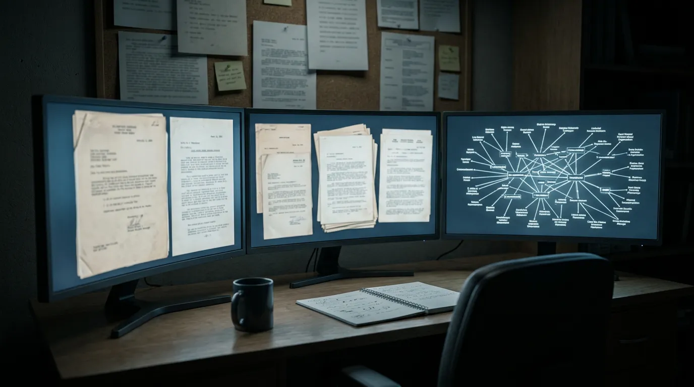 A darkened room lit by three monitors showing scanned document pages and a node-and-line link analysis chart, papers pinned to the wall behind