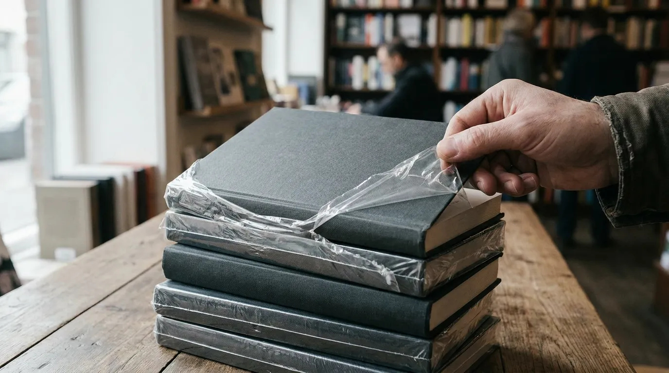 A stack of newly printed hardback books with plain unmarked dust jackets on a bookshop display table, shrink-wrap partly peeled back