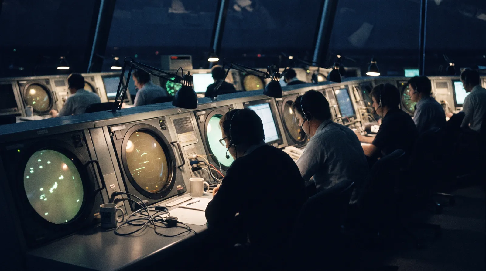 A dimly lit air traffic control room with controllers seen from behind at consoles and large circular radar displays glowing green and amber