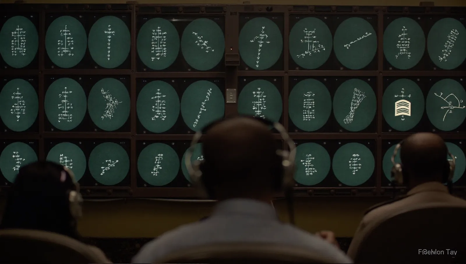 Controllers in headsets seen from behind at rows of glowing circular radar scopes in a darkened air traffic control room