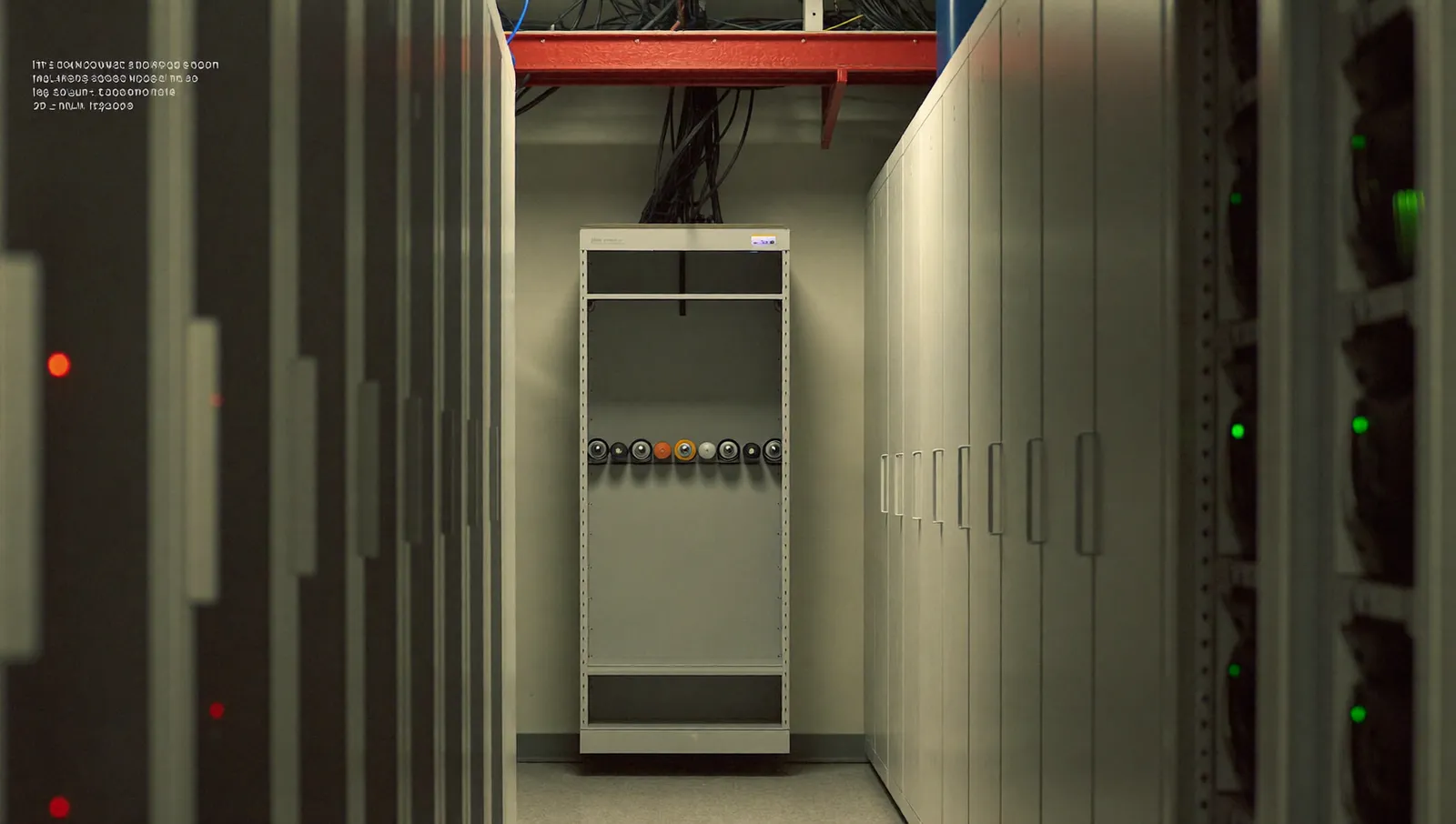 An aisle of server racks and magnetic tape archive cabinets in a data centre, with one empty rack slot