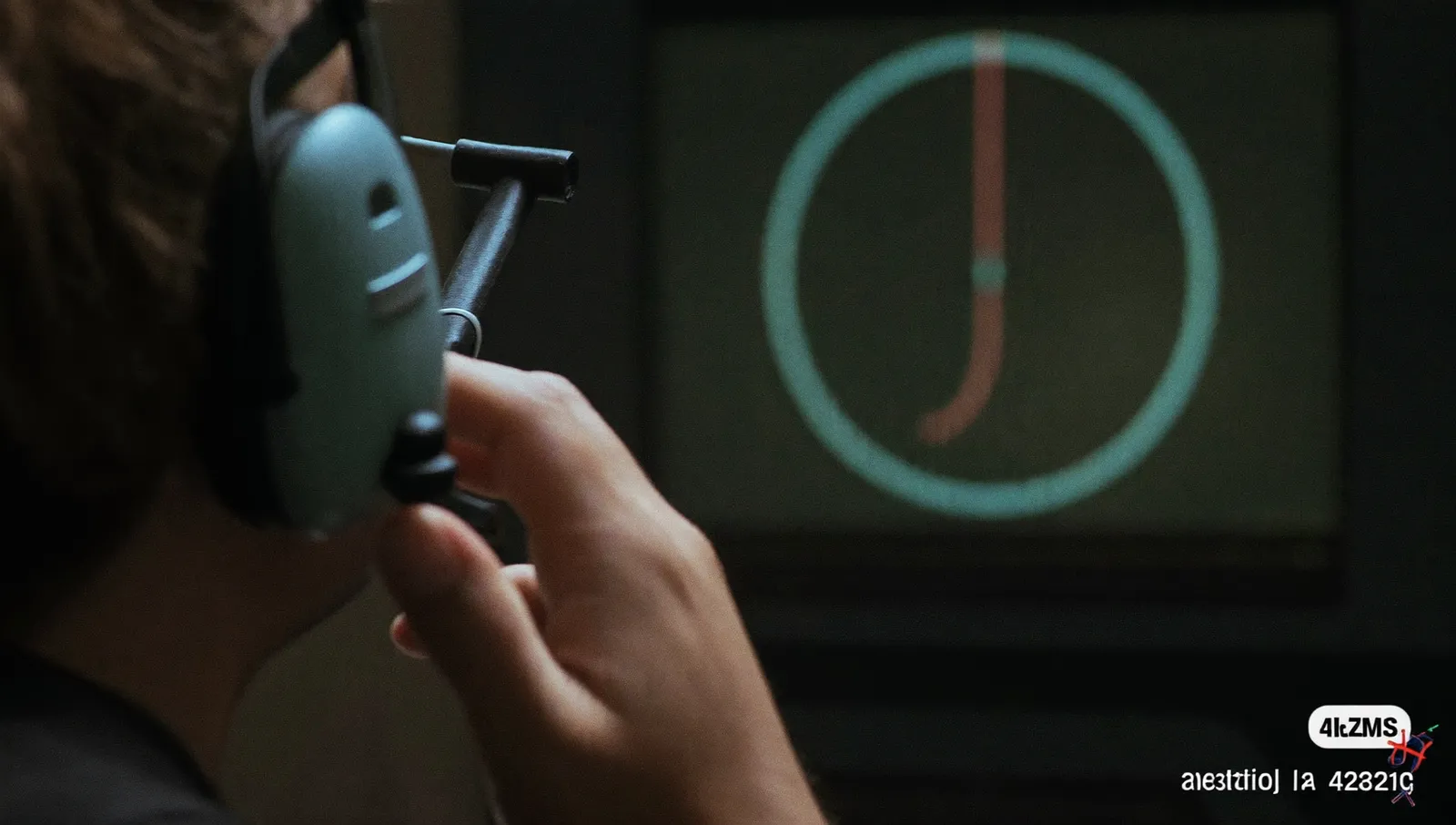 Close-up of a controller's hand adjusting a headset boom microphone with the blurred glow of a radar scope behind