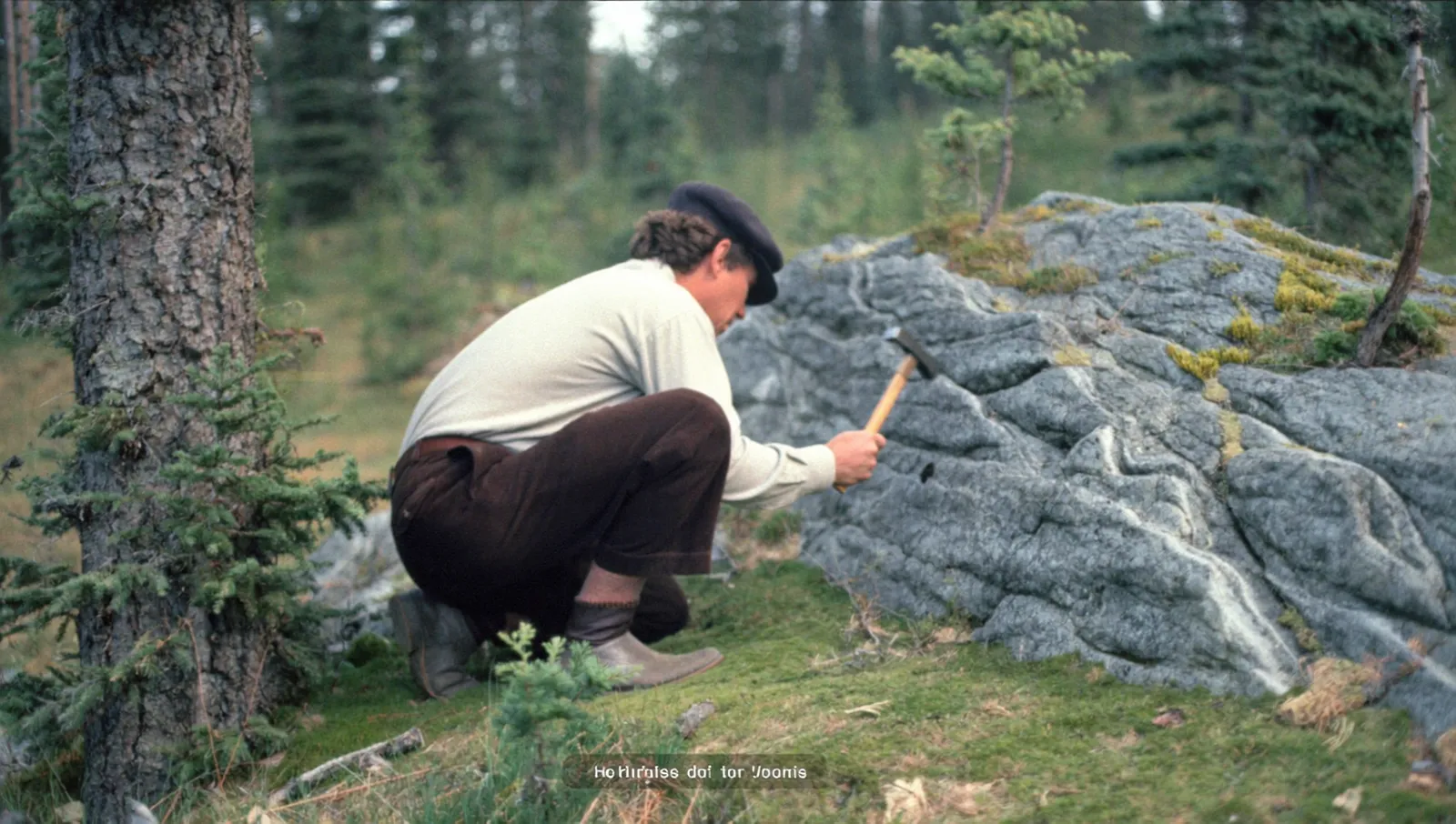 A prospector in 1960s work clothes seen from behind, crouched at a granite outcrop in boreal forest with a geologist's hammer