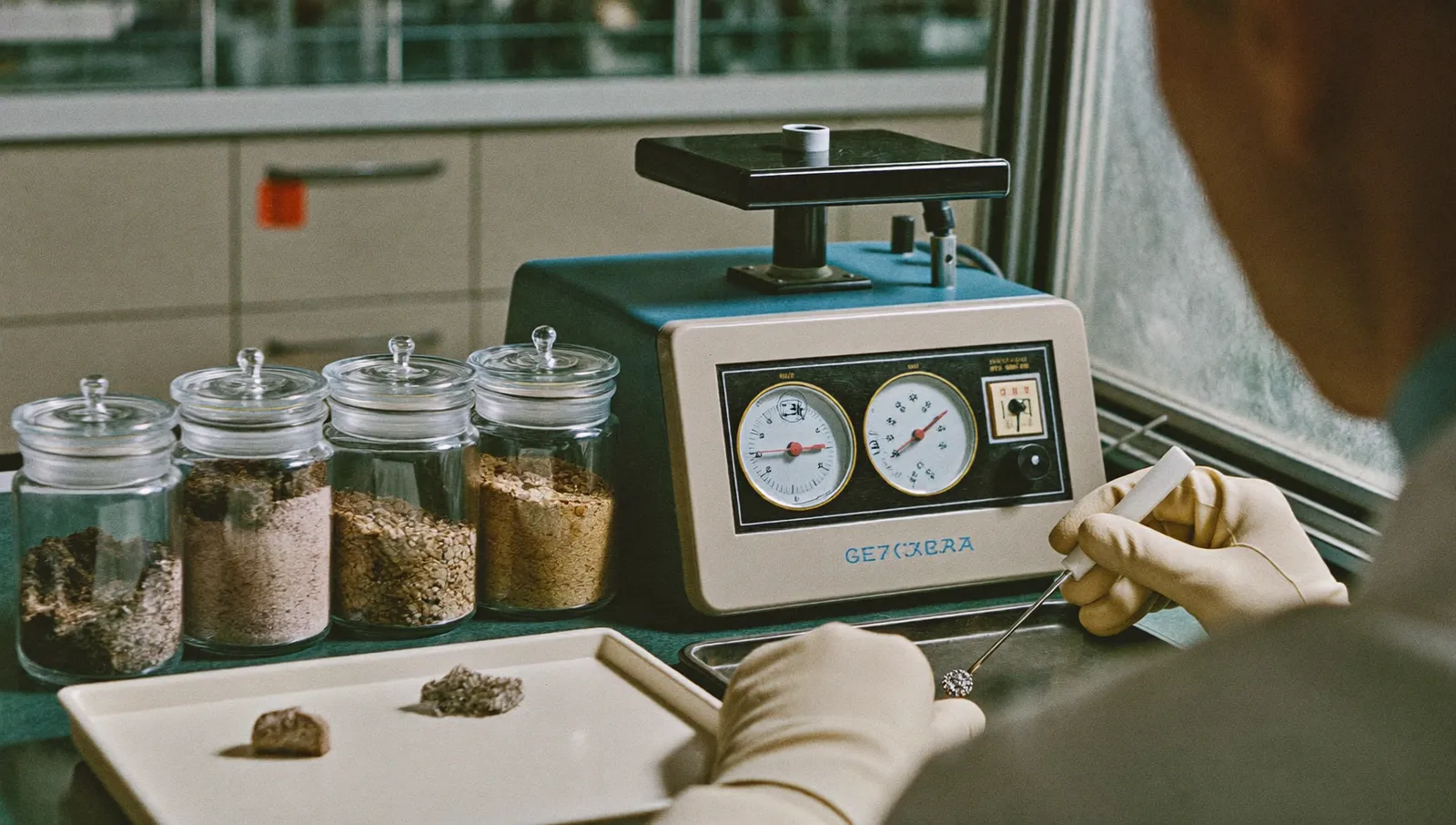 A 1960s laboratory bench with glass sample jars of soil and rock, an analogue Geiger counter and gloved hands handling a small metal fragment