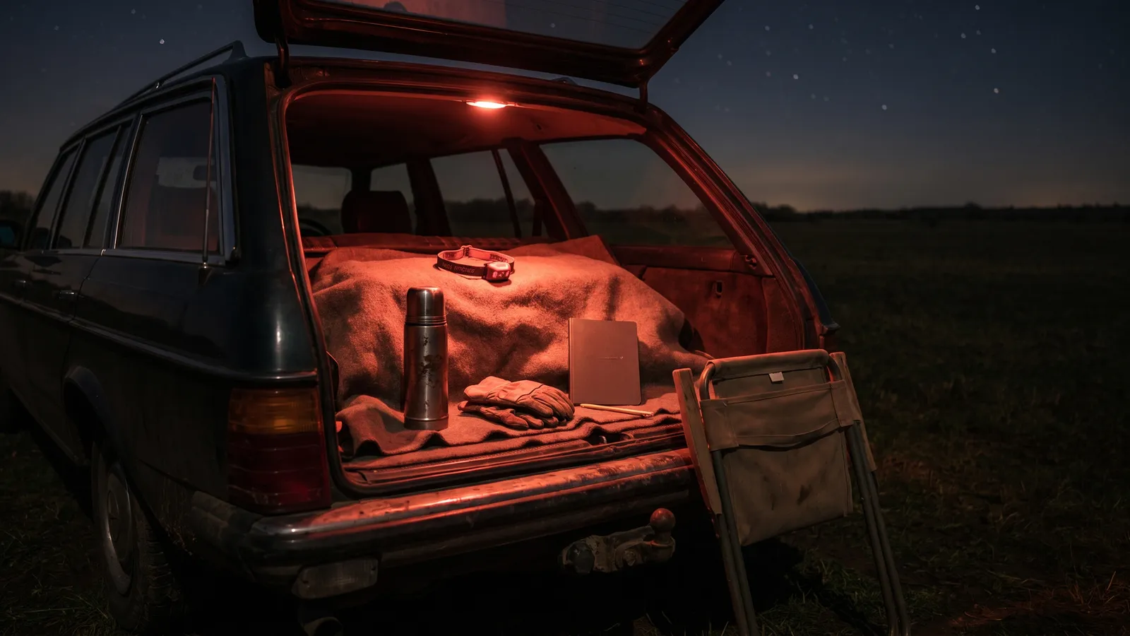 The open boot of an estate car in a dark field, red light falling on a head torch, a steel flask, a notebook and pencil and a pair of gloves, with a camp chair standing against the bumper