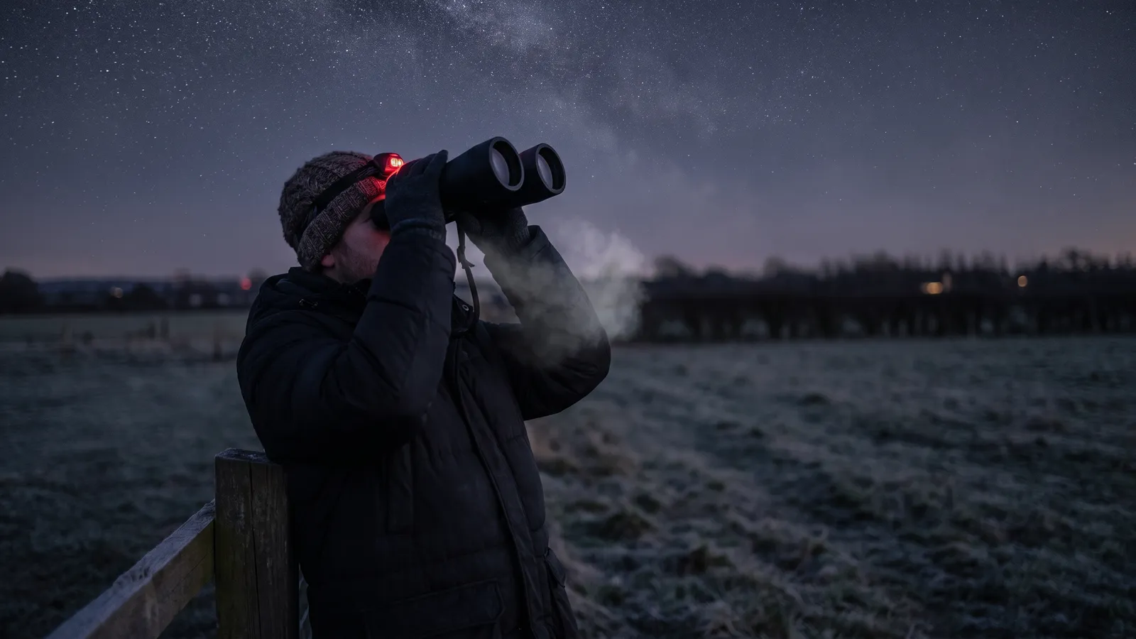A sky-watcher in a woolly hat and red head torch holds a large pair of binoculars to their eyes beside a fence post in a frosty field, breath fogging in the cold, under the Milky Way