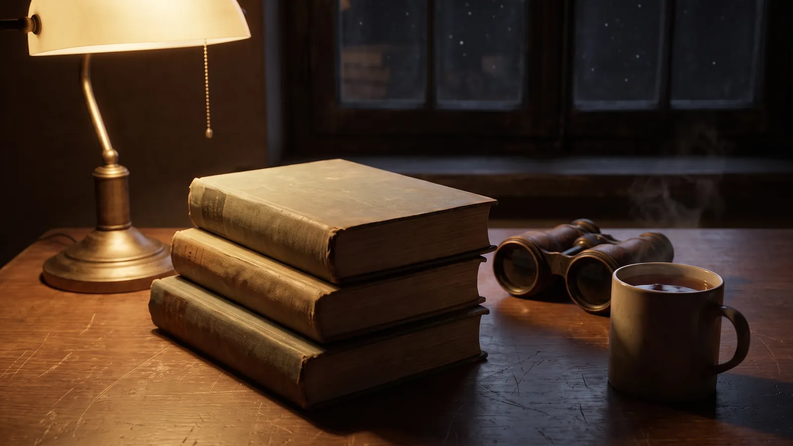 Three hardback books stacked on a wooden table beside a pair of binoculars and a mug of tea, under a warm desk lamp
