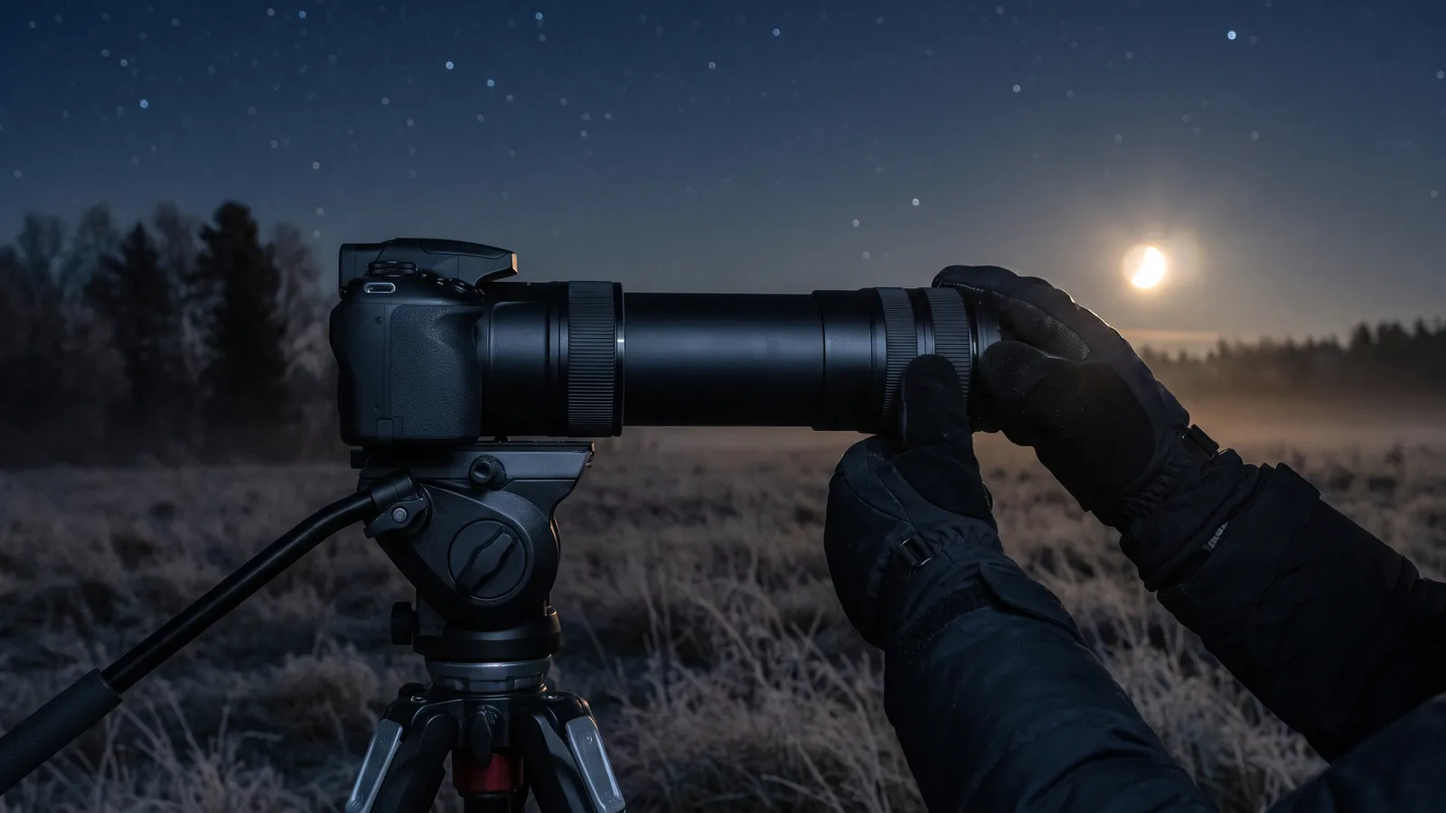 A camera with a very long telephoto lens on a tripod in a frosty field, aimed at a bright moon low in the sky, gloved hands adjusting the focus ring