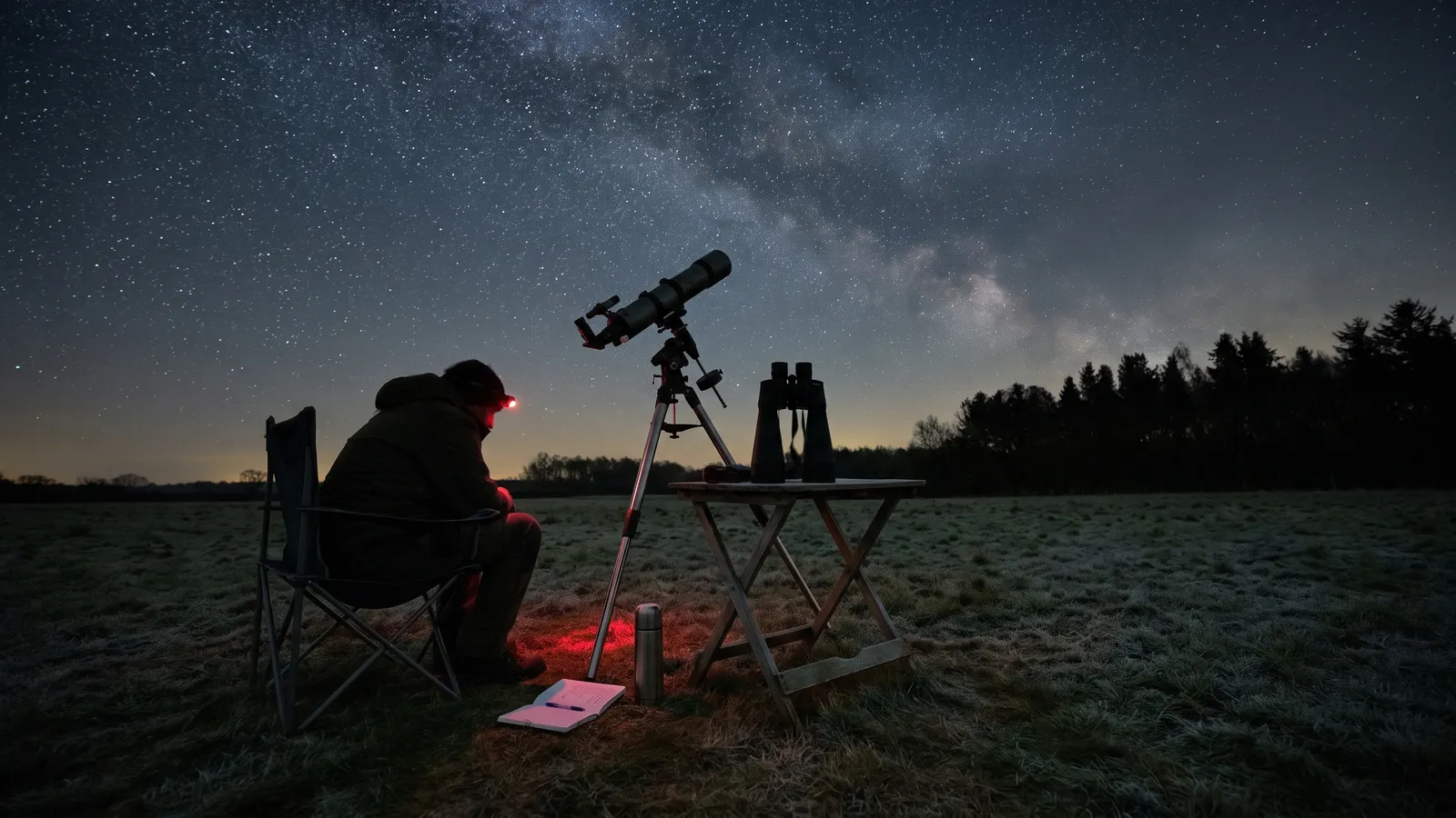 An observer sits in a camp chair in a frosty field at 2am under the Milky Way, beside a telescope on a tripod and a folding table holding a pair of binoculars, with a flask and an open notebook on the grass, everything lit by a red head torch