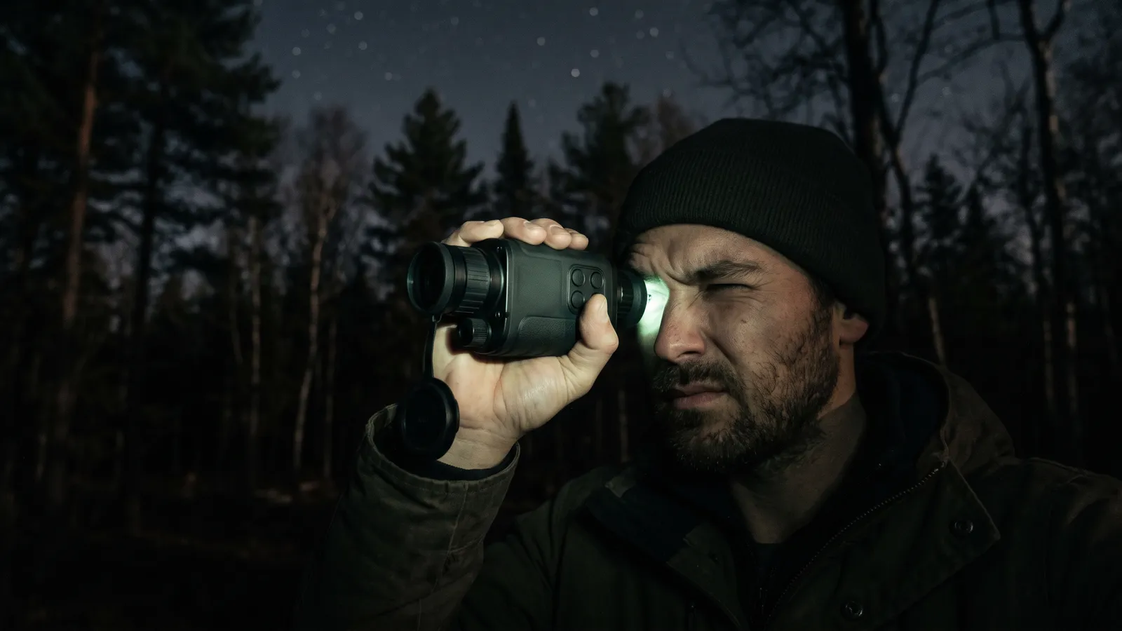 Close-up of a person holding a digital night-vision monocular to one eye, the eyepiece throwing a faint green glow across their face