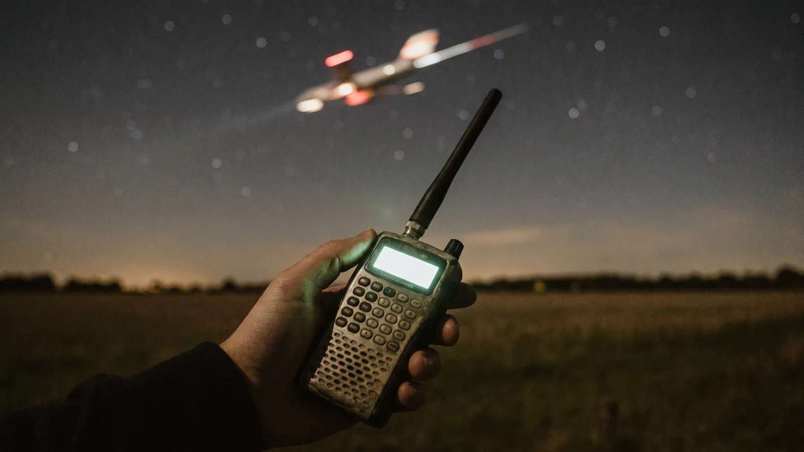 A hand holding a handheld radio scanner with a long rubber whip aerial, its display glowing, while an airliner's navigation lights cross the stars above