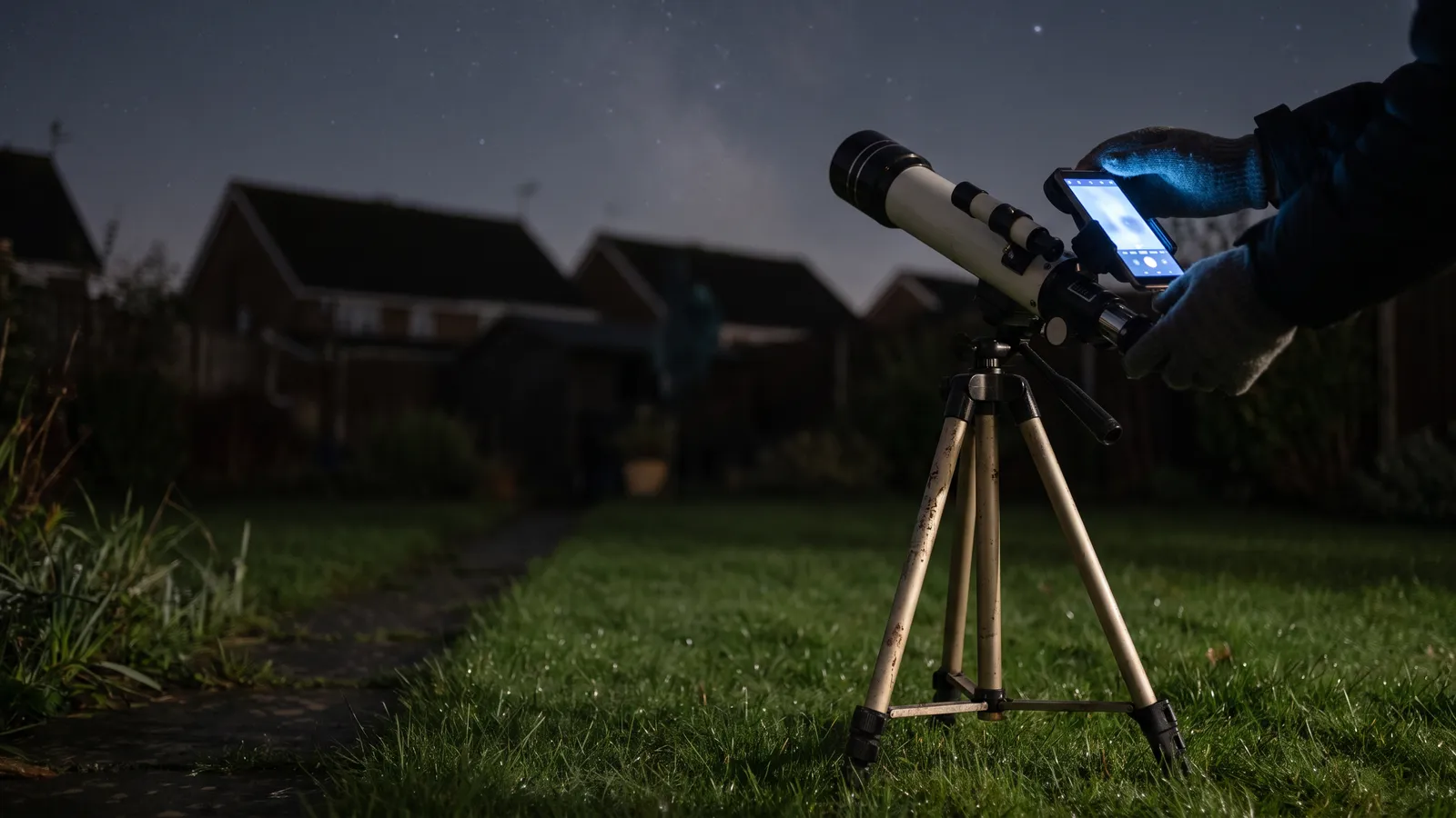 A small telescope on a garden lawn at night with a smartphone clipped to the tube, its screen lighting the observer's hands