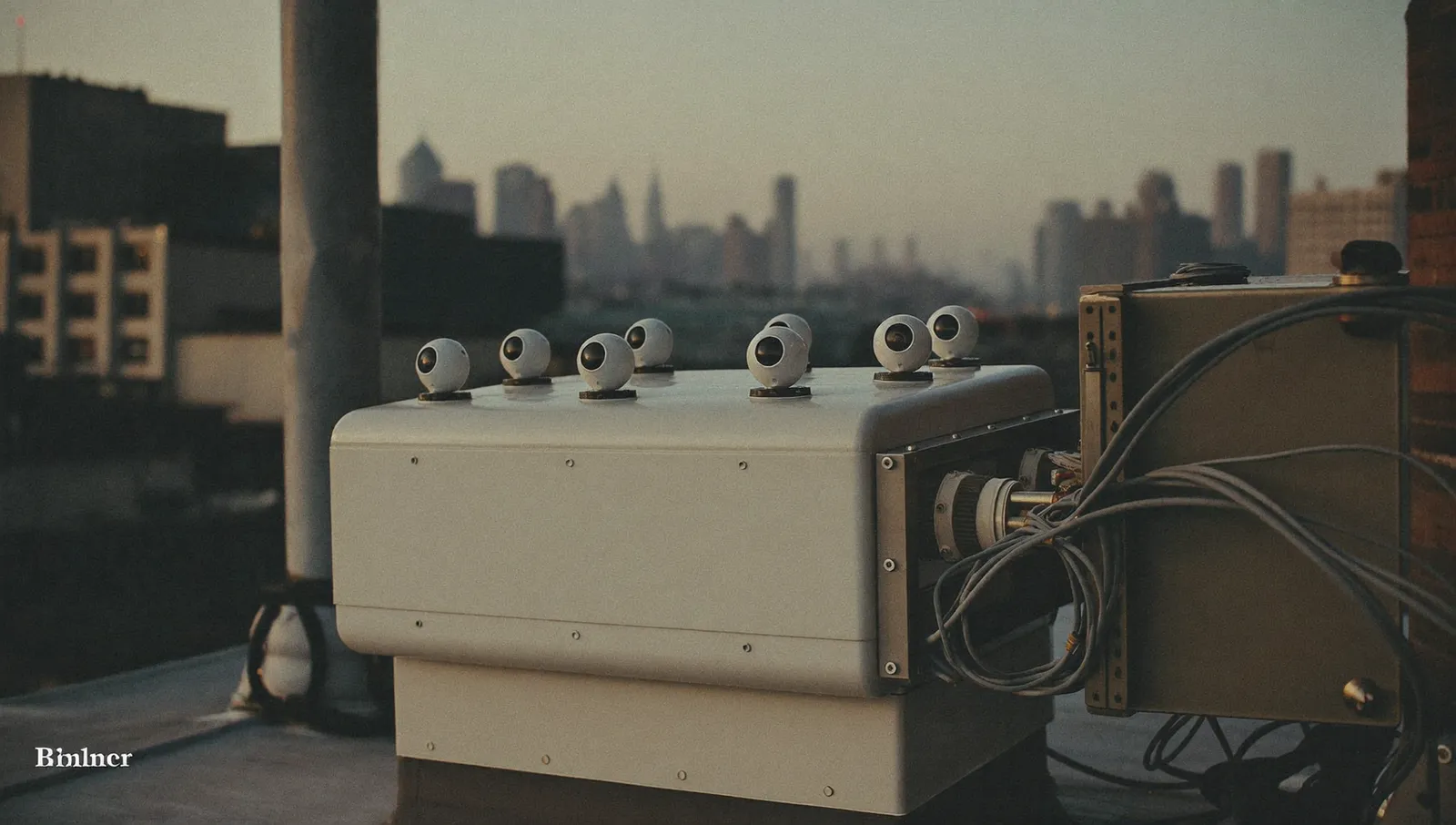 A compact white weatherproof instrument pod ringed with camera lenses and dome sensors mounted on a flat city rooftop at dusk