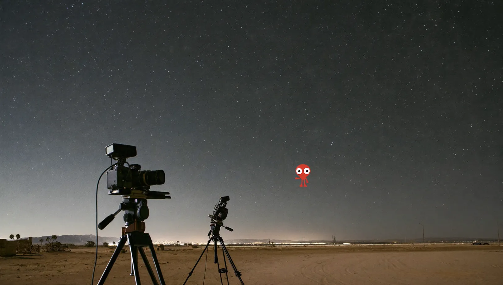 Night scene at the edge of a desert city with a camera mast in the foreground and a second one far away across flat ground under a star-filled sky