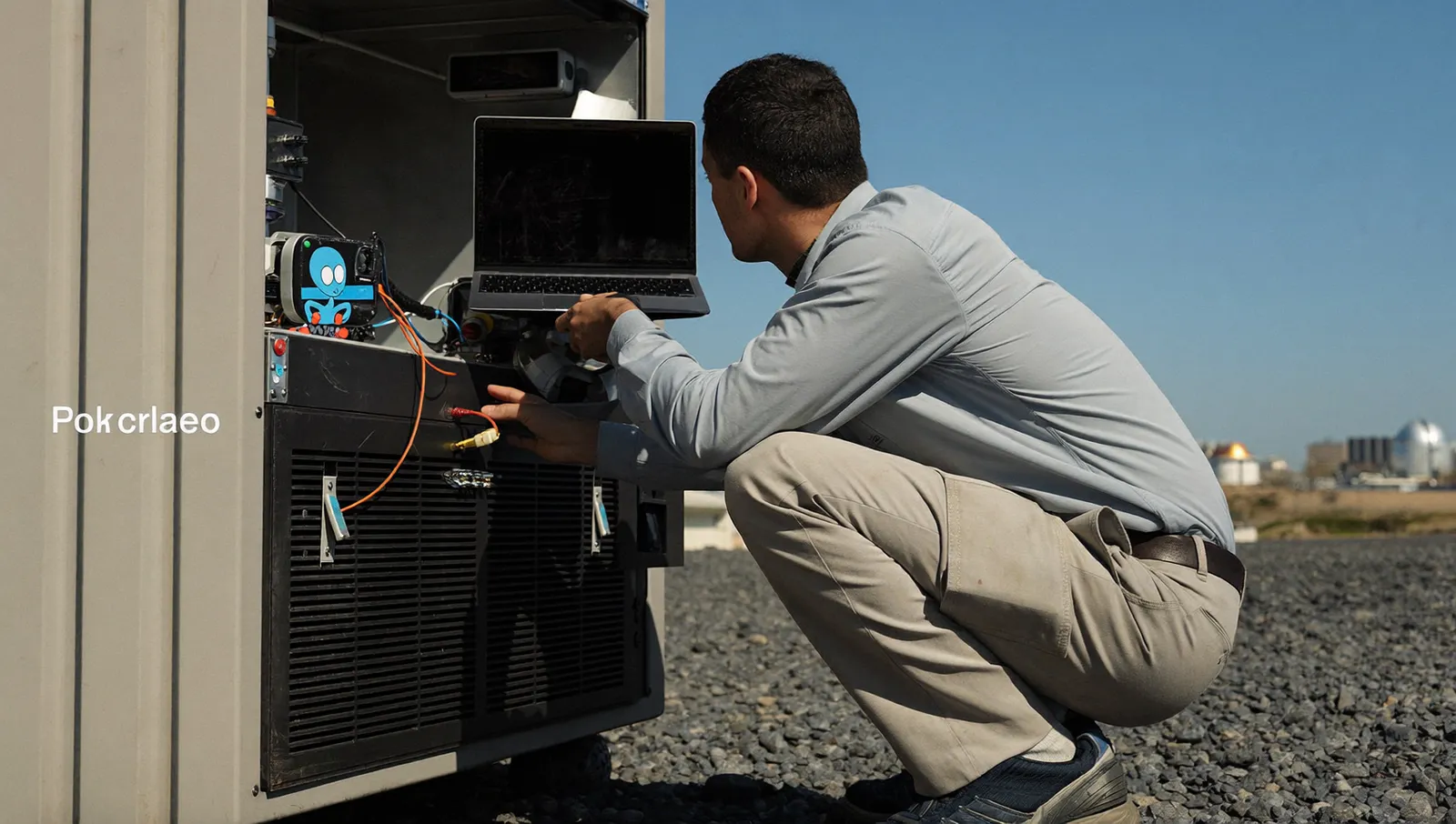 A researcher crouched in daylight beside an open instrument enclosure on a rooftop, checking a calibration target and cabling with a laptop