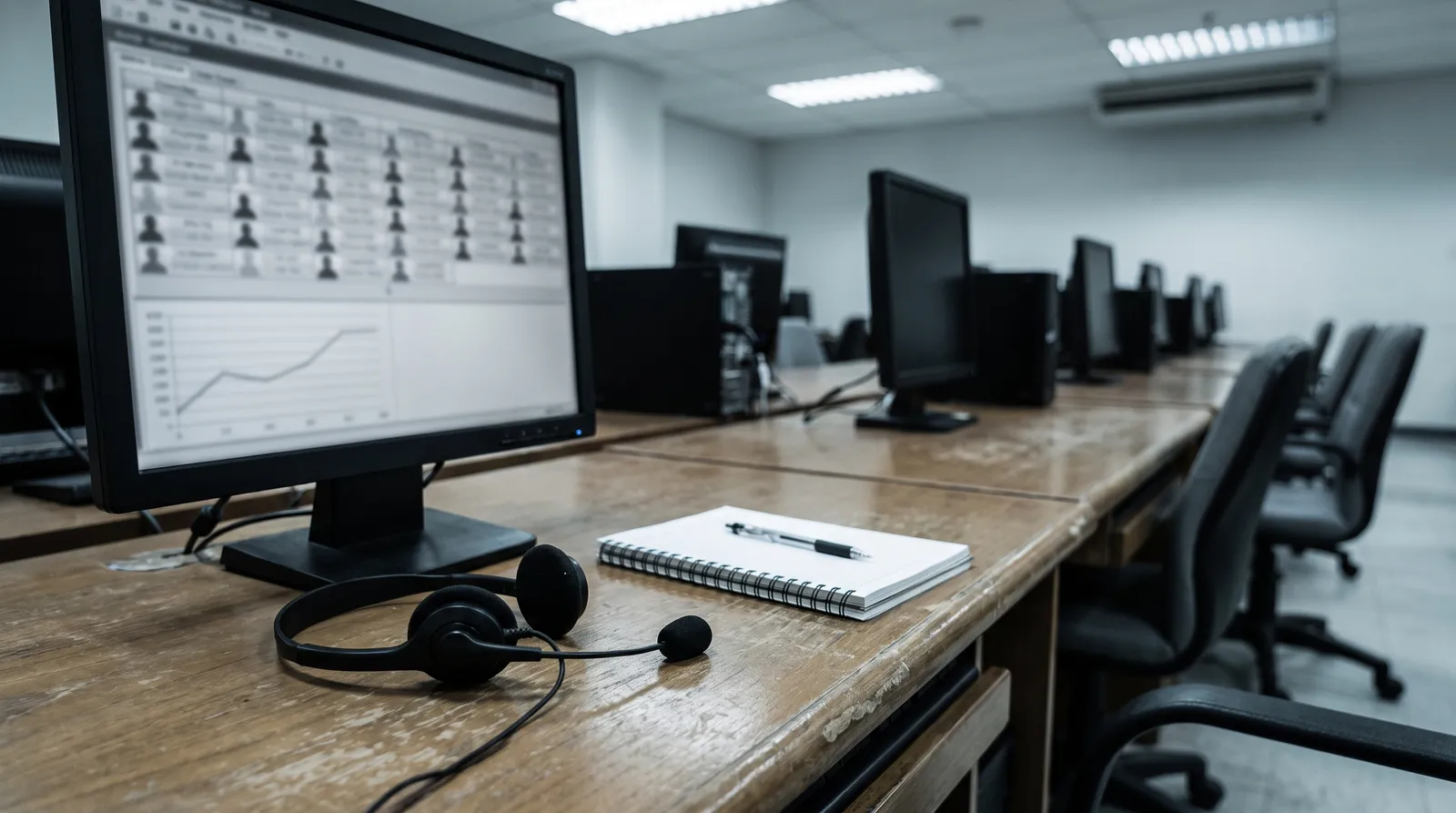 A survey research workstation with a headset resting beside a monitor showing an anonymous grid of figures and a simple line chart