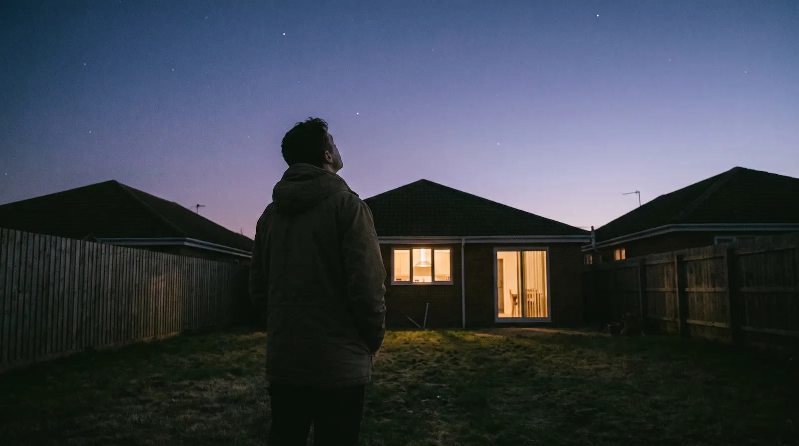 A lone person seen from behind standing on a suburban lawn at dusk, head tilted up towards a wide darkening sky