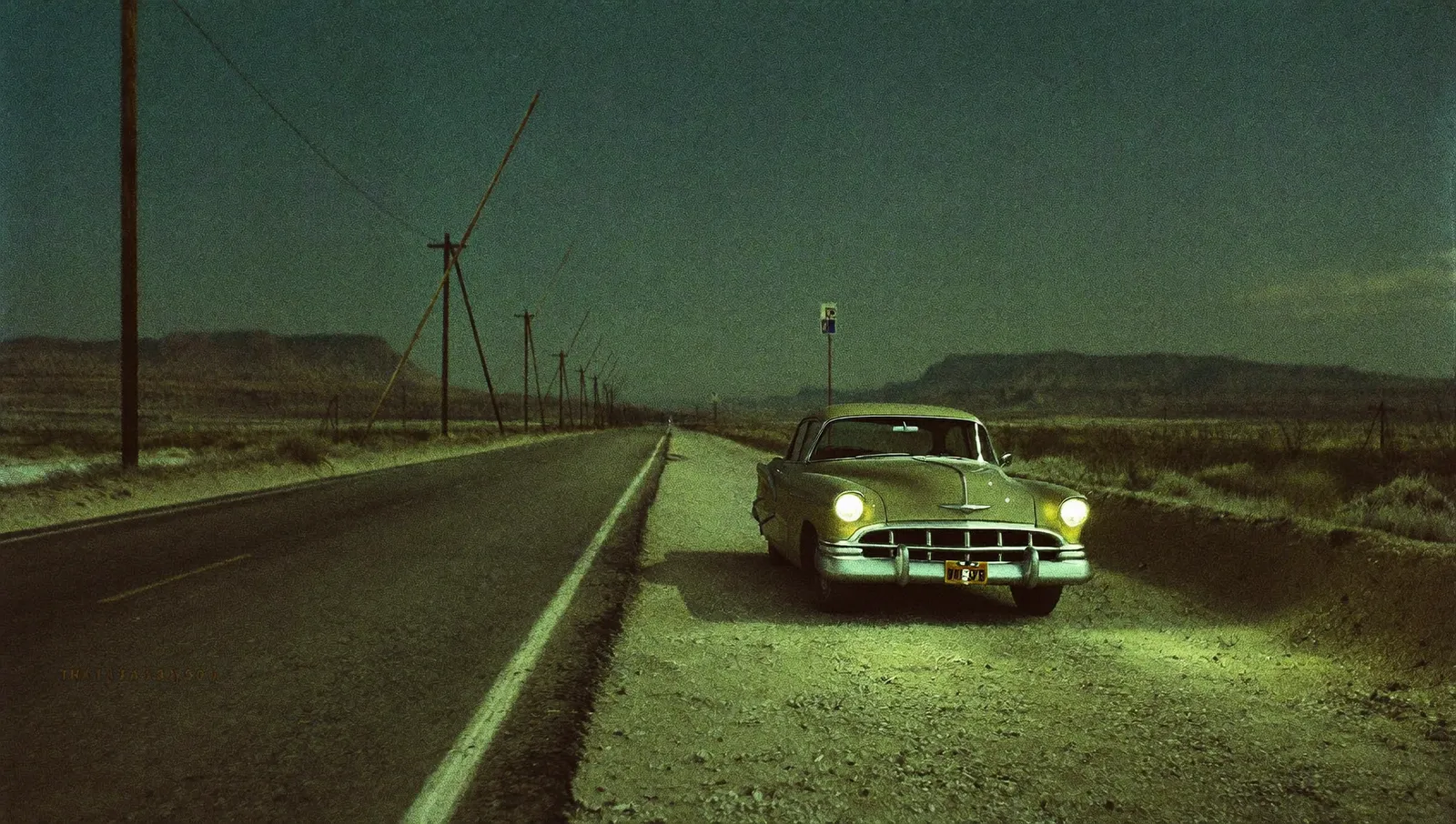 An empty two-lane desert highway at night in 1949 with a period car on the shoulder and a faint green glow low above distant mesas