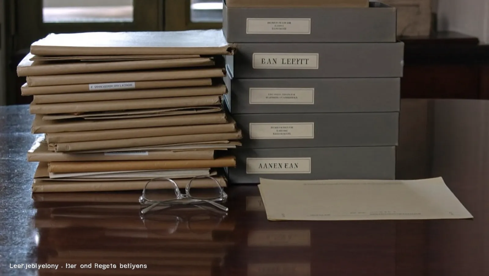 A stack of worn manila folders and grey archive boxes on a polished committee table beside a document lying face down