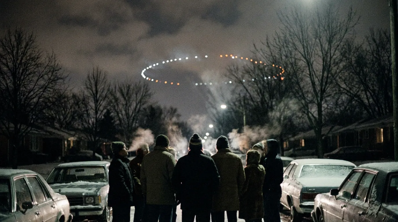 People beside stopped cars on a suburban road at night looking up at a vast boomerang of lights
