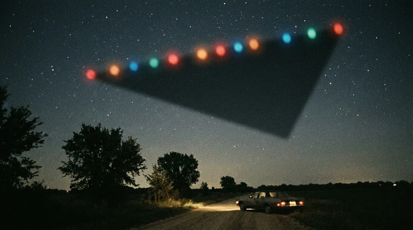An enormous dark boomerang craft passing low overhead with a row of coloured lights along its edge