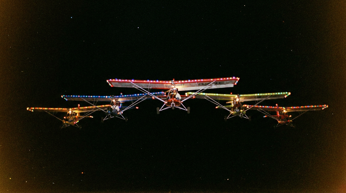 Several small ultralight aircraft flying in tight V formation with coloured lights at night
