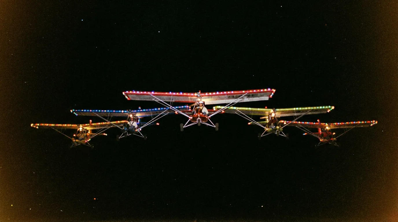 Several small ultralight aircraft flying in tight V formation with coloured lights at night