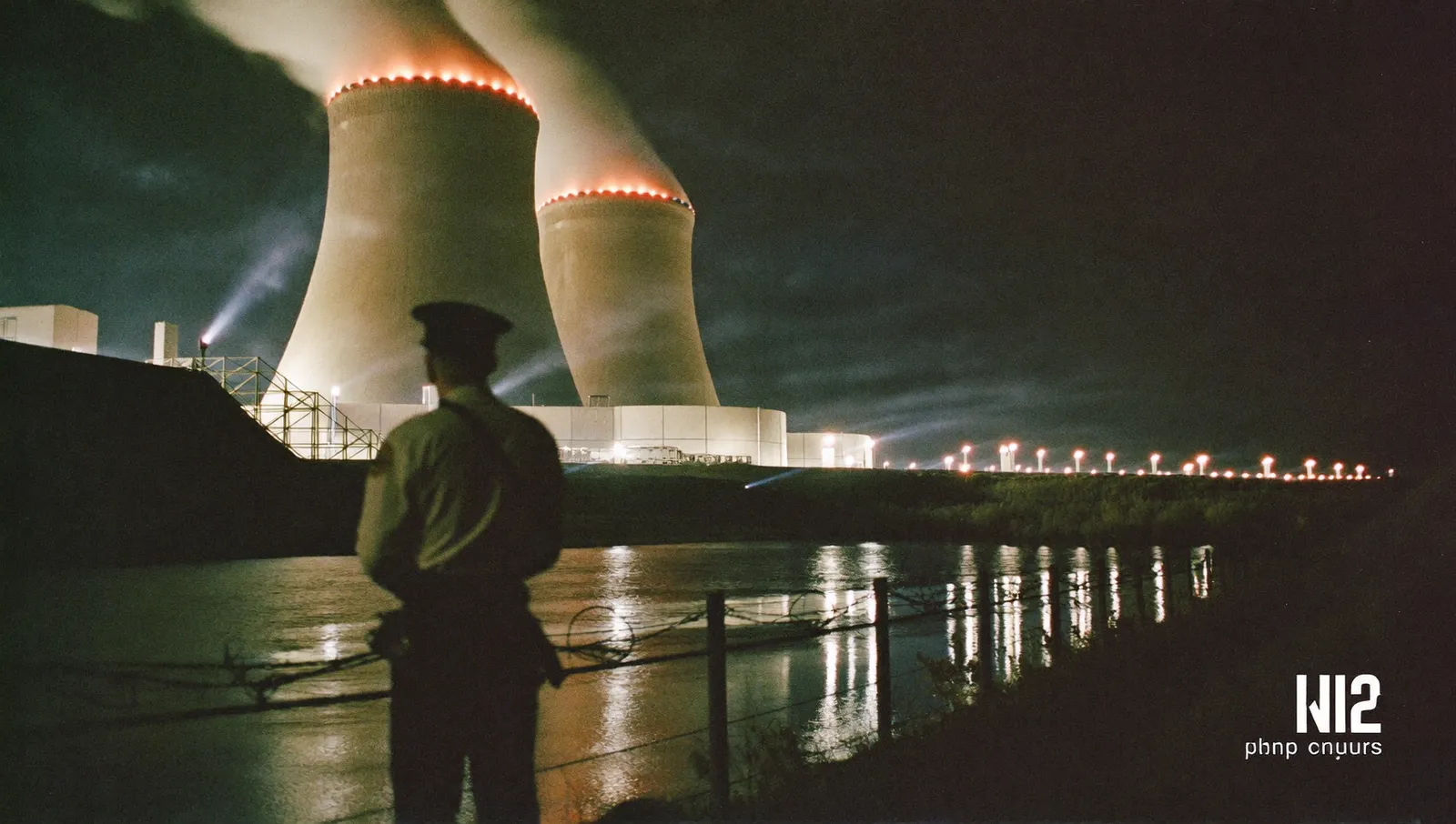 A nuclear power station's concrete containment domes at night beside a wide river, with a security guard silhouetted at a floodlit perimeter fence