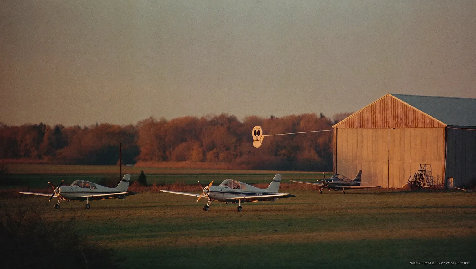 A small grass airfield at dusk with parked single-engine light aircraft and a metal hangar