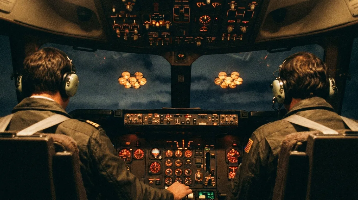 Cockpit of a 747 at night, pilots looking out at clusters of amber lights ahead