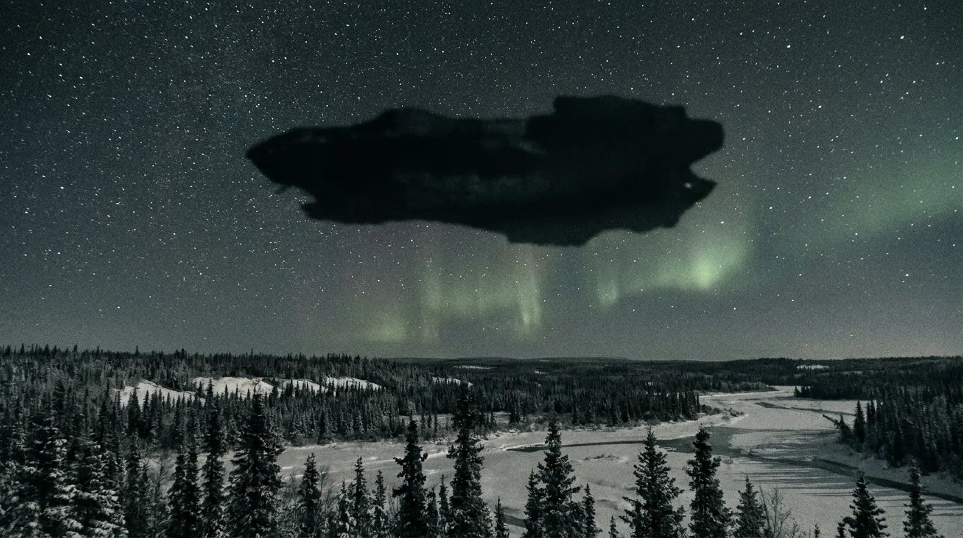 An enormous dark craft silhouette far larger than an airliner against a star field over snow