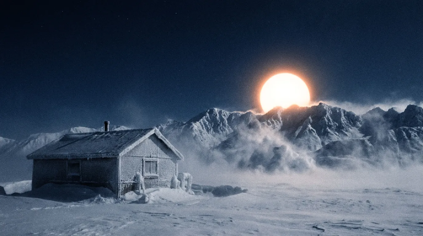 An extremely bright planet low over a frozen Alaskan horizon with ice fog