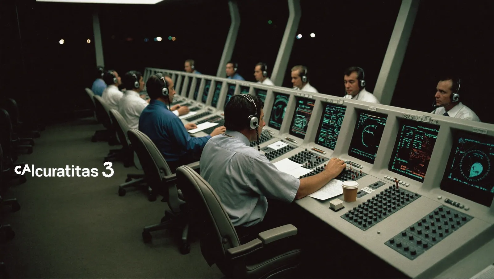 A 1980s air route traffic control centre at night with controllers at bulky monochrome radar consoles glowing green