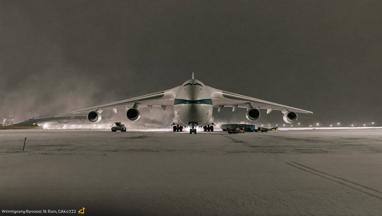 A wide-body cargo jumbo jet parked alone on a snow-swept airport apron at night under floodlights in Alaska