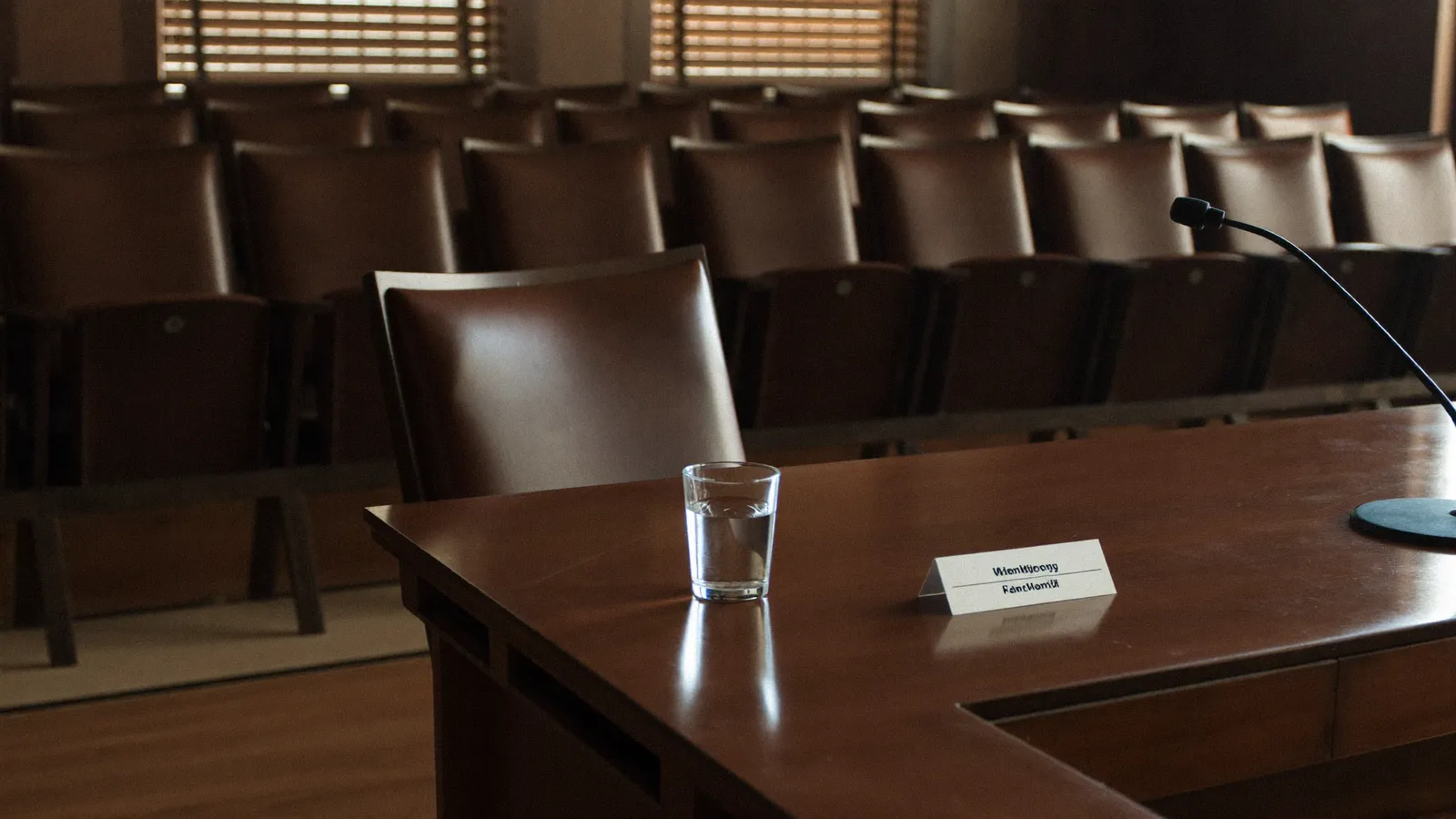 An empty chair and microphone at a long polished panel table in a dimly lit government hearing room, with a blank name card and rows of empty seats behind