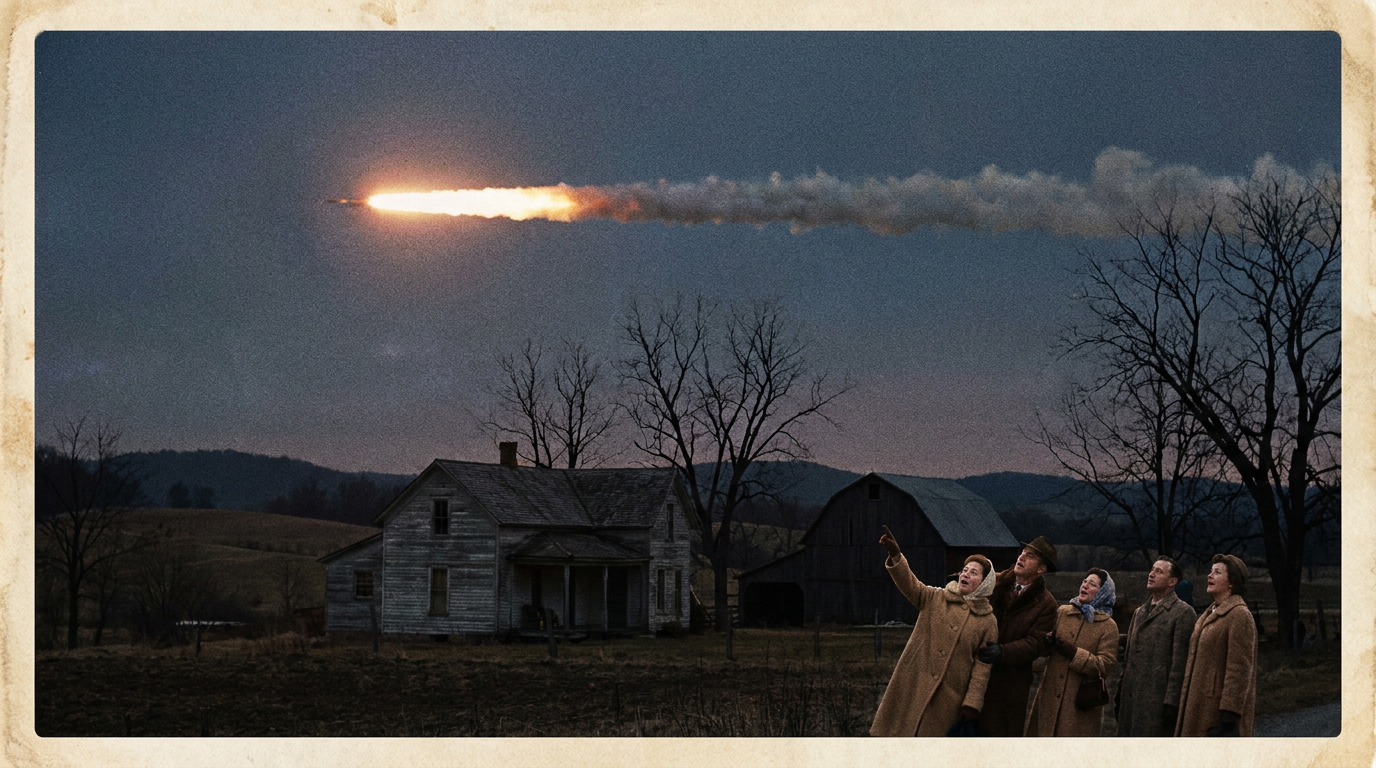 A brilliant fireball with a smoking trail streaking across a twilight sky over rural Pennsylvania