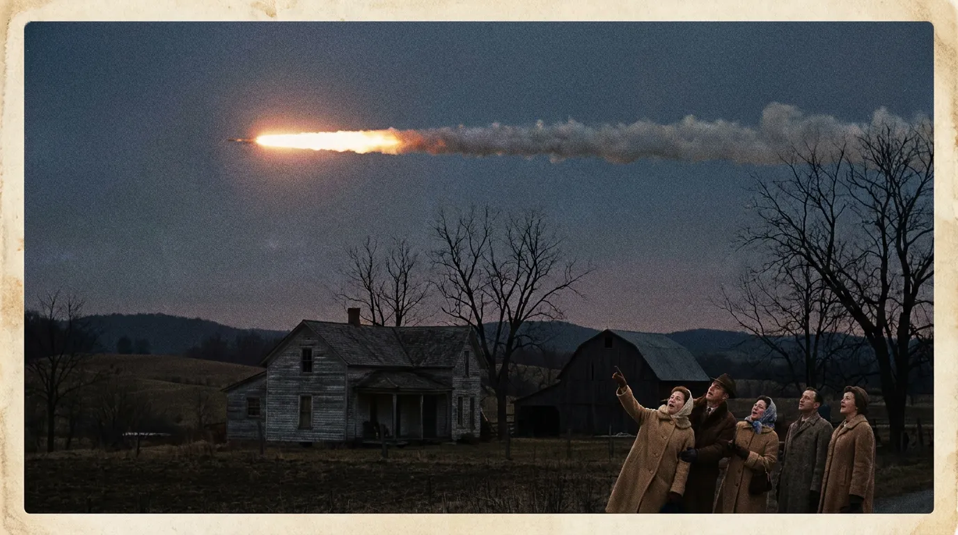 A brilliant fireball with a smoking trail streaking across a twilight sky over rural Pennsylvania