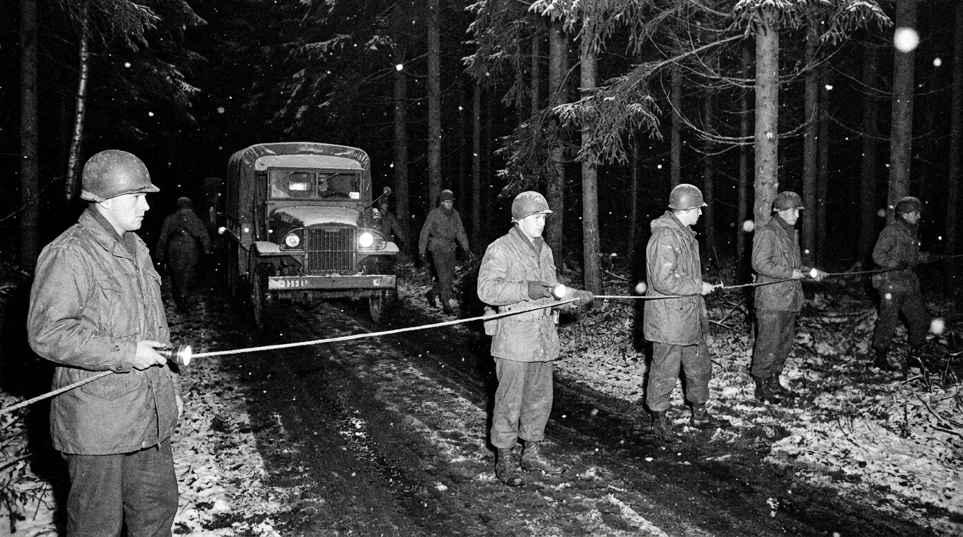 1960s US military soldiers with flashlights and trucks cordoning off a dark winter forest