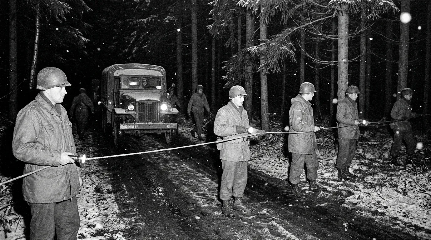 1960s US military soldiers with flashlights and trucks cordoning off a dark winter forest