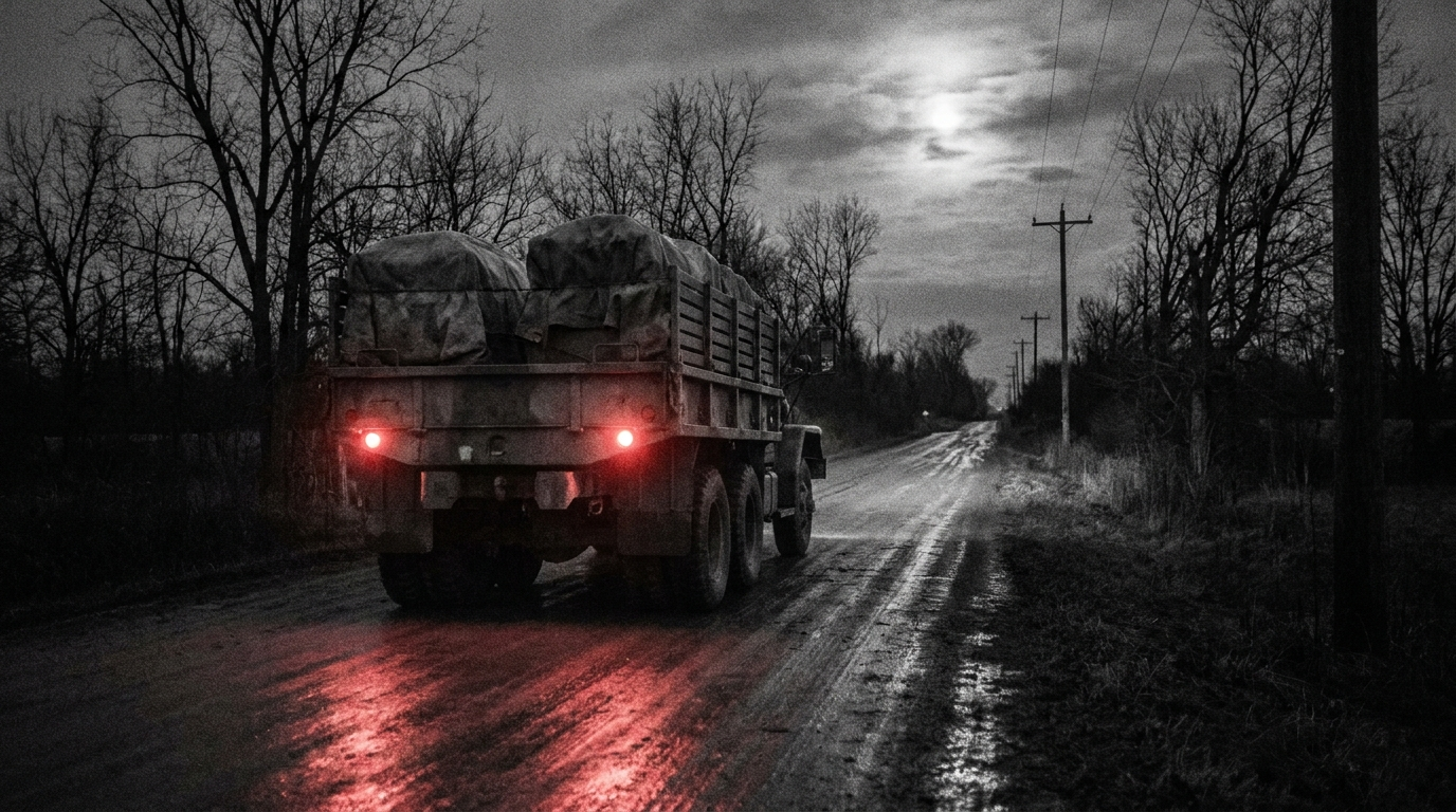 A 1960s military flatbed truck carrying a tarp-covered object driving away down a dark rural road