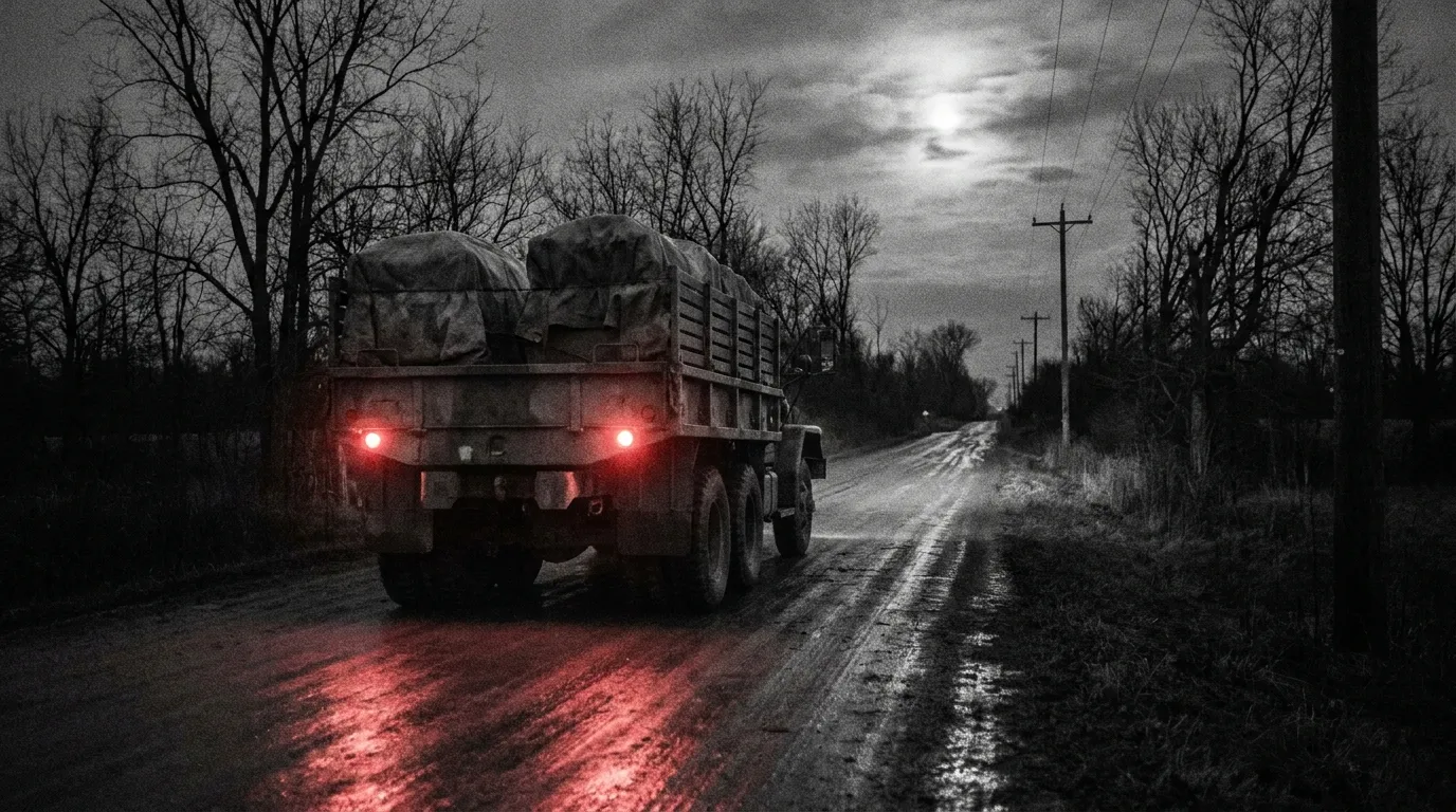 A 1960s military flatbed truck carrying a tarp-covered object driving away down a dark rural road