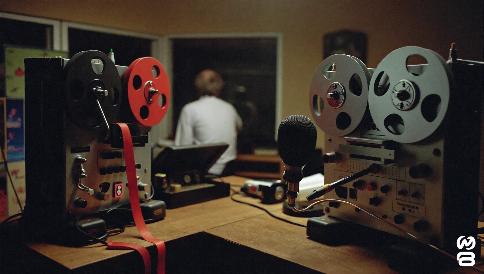 A 1960s American local radio station studio at night with reel-to-reel tape machines and a heavy microphone on a wooden desk