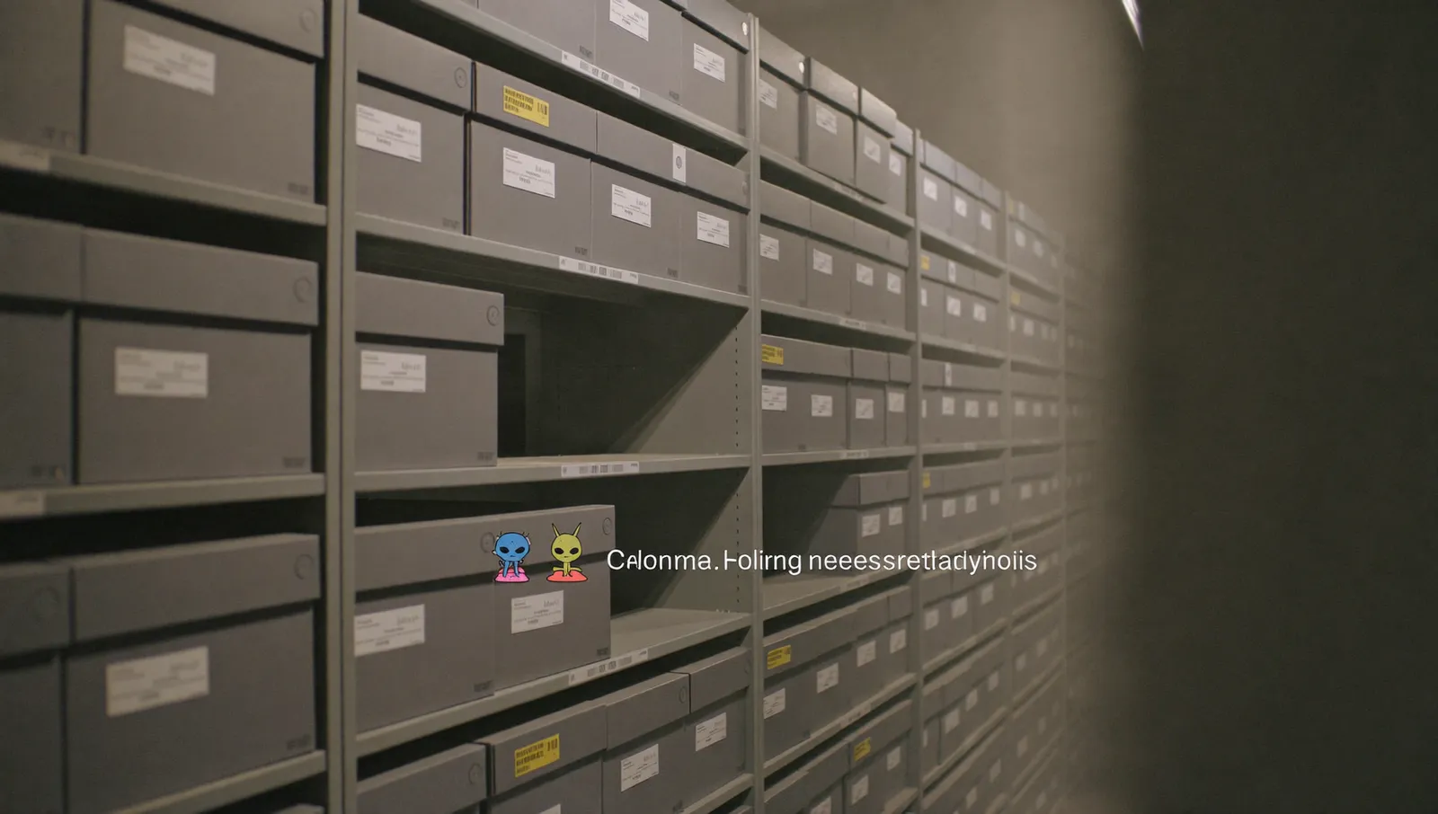 A long aisle of grey archive document boxes on tall metal shelving with one shelf conspicuously empty