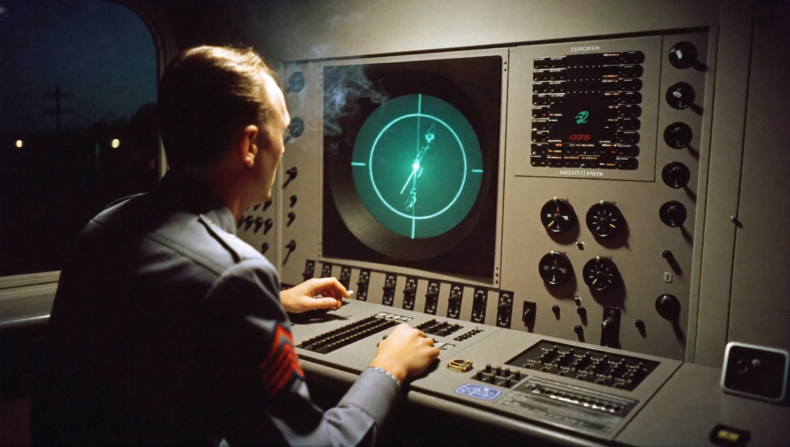 A radar operator in 1950s uniform hunched over a circular green scope in a dim ground-controlled approach cabin at night