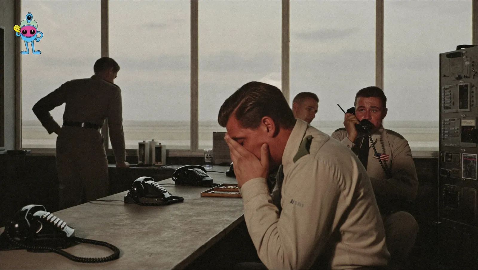 Interior of a 1950s airfield control tower at dawn with a tired watch team among analogue equipment in flat grey light