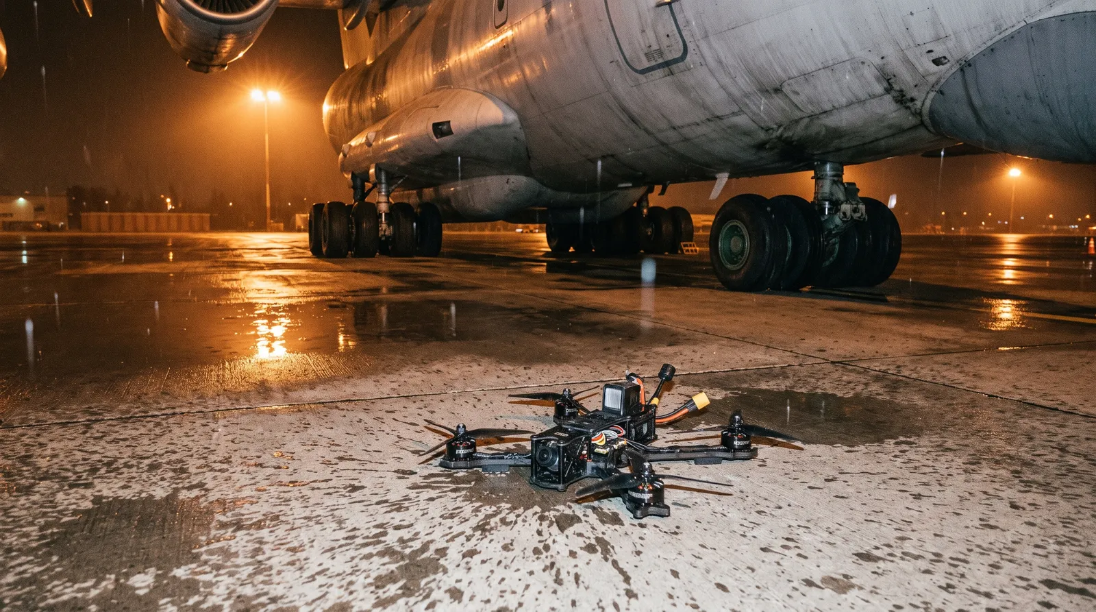 A small broken quadcopter drone lying on wet floodlit concrete a few metres from the landing gear of a heavy cargo aircraft at night