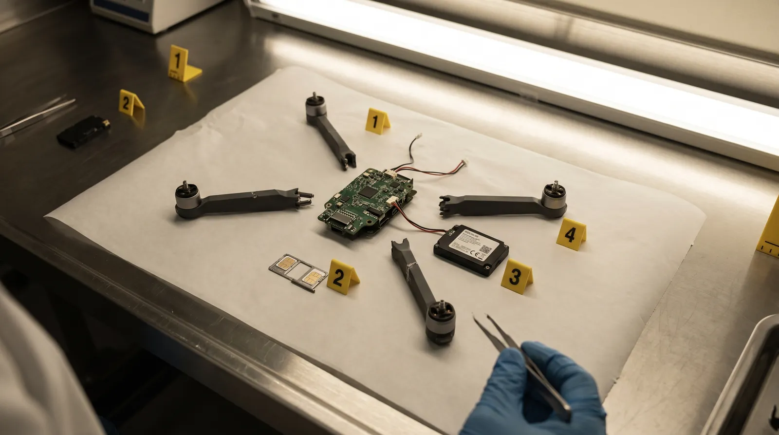 A disassembled small drone laid out in parts on white paper with numbered evidence markers and a gloved hand holding tweezers