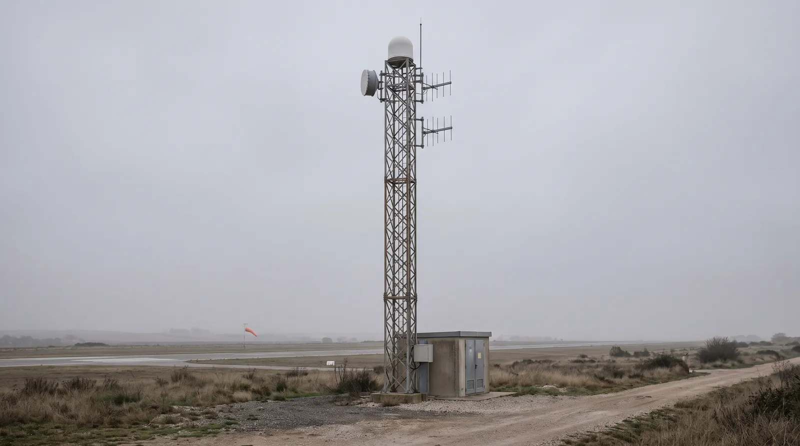 A lattice mast carrying a small white radar dome and directional antennas at the edge of an airfield, with a runway blurred behind