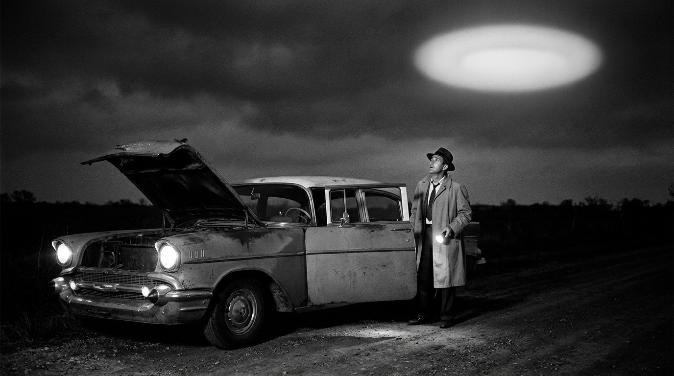 A 1950s car stalled on a dark rural Texas road, a man beside it looking up at a glowing oval light