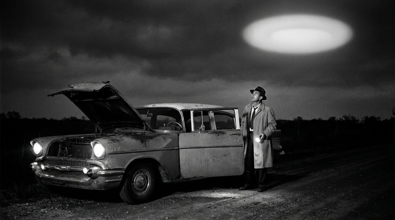 A 1950s car stalled on a dark rural Texas road, a man beside it looking up at a glowing oval light